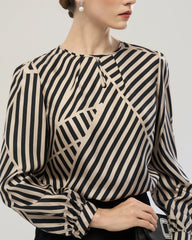 Abstract Stripe Silk Pleated Neck Blouse