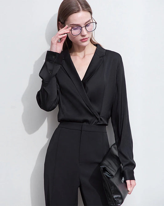 Minimalist Silk V Neck Long Sleeve Blouse