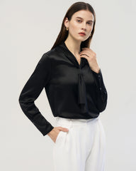 22 Momme Tie Neck Silk Long Sleeve Blouse