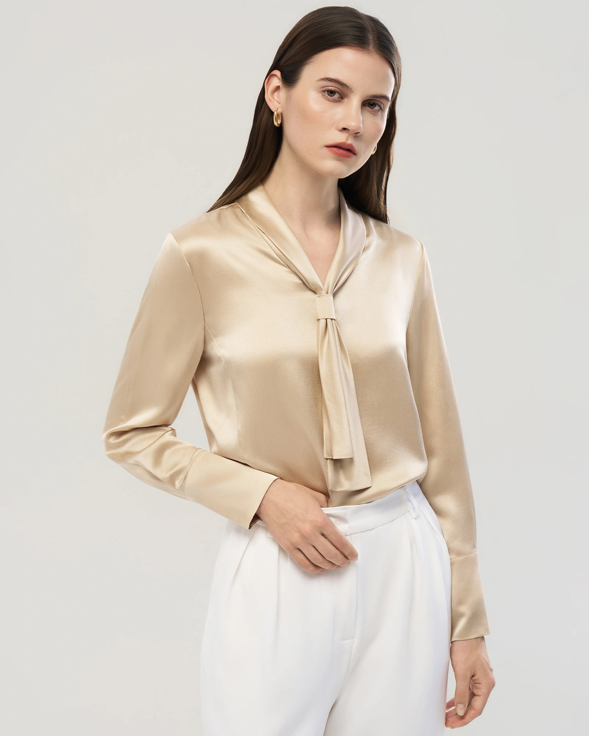 22 Momme Tie Neck Silk Long Sleeve Blouse
