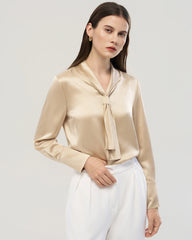 22 Momme Tie Neck Silk Long Sleeve Blouse
