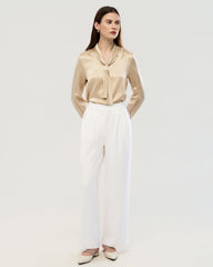 22 Momme Tie Neck Silk Long Sleeve Blouse