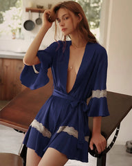 Washable Silk Robe with Lace and Ruffles, Navy