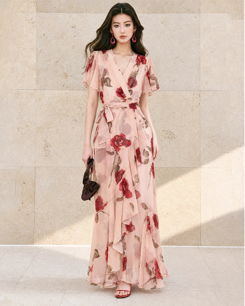 Silk Rose Print Wrap Maxi Dress