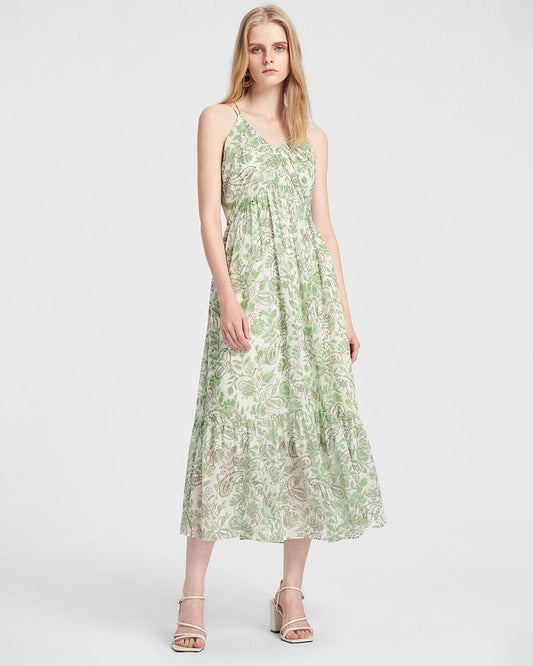 Spring Moss Paisley Silk Maxi Dress