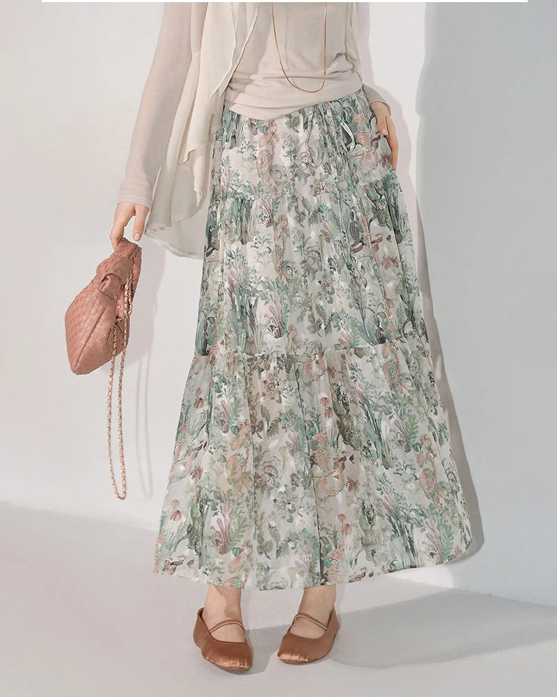 Silk Botanical Print Tiered Maxi Skirt