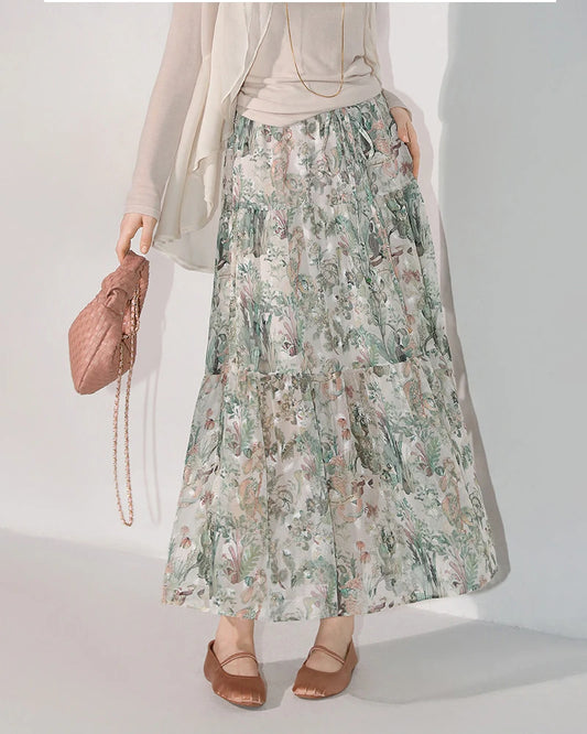 Silk Botanical Print Tiered Maxi Skirt