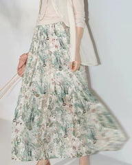 Silk Botanical Print Tiered Maxi Skirt