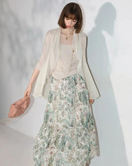 Silk Botanical Print Tiered Maxi Skirt