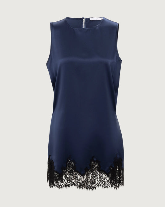 22 Momme Navy Silk Mini Dress with Lace Hem