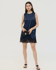 22 Momme Navy Silk Mini Dress with Lace Hem