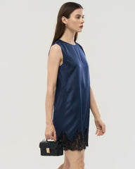 22 Momme Navy Silk Mini Dress with Lace Hem