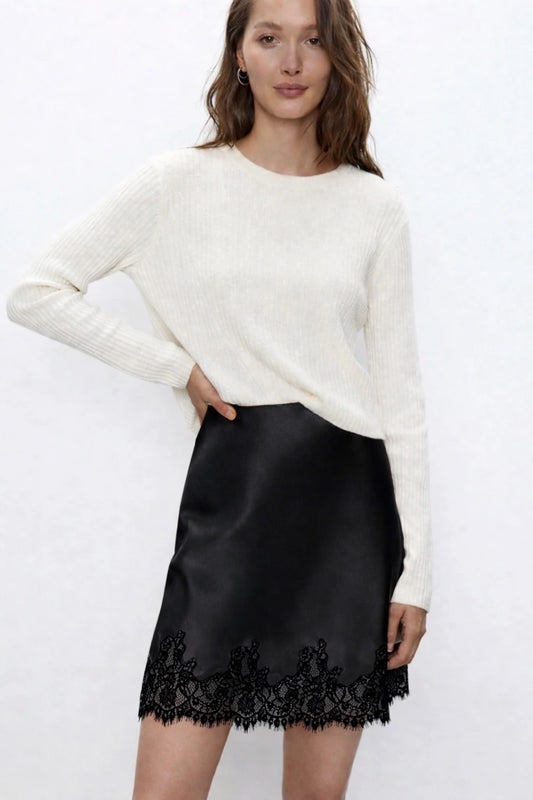 Bias Silk Slip Mini Skirt with Lace Trim