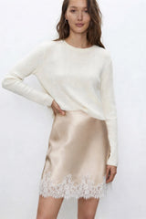 Bias Silk Slip Mini Skirt with Lace Trim