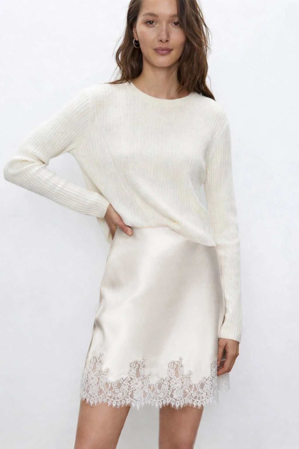 Bias Silk Slip Mini Skirt with Lace Trim