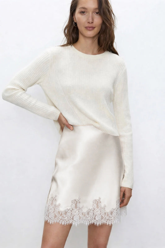 Bias Silk Slip Mini Skirt with Lace Trim