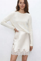 Bias Silk Slip Mini Skirt with Lace Trim