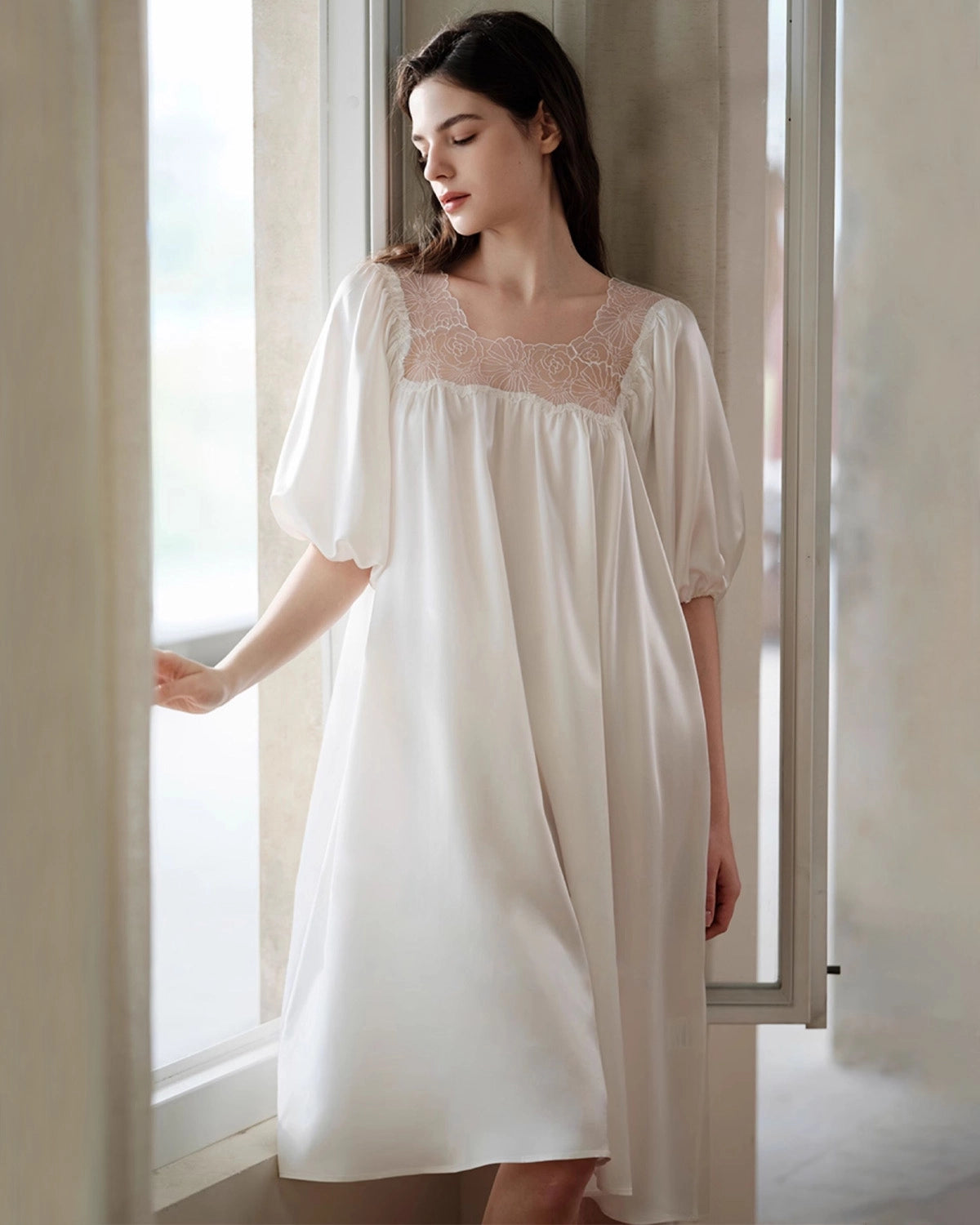 Women's Silk Nightgown with Floral Lace Neckline