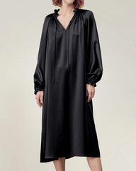 Silk Long Sleeve Nightgown with Ruffle Trim