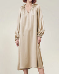 Silk Long Sleeve Nightgown with Ruffle Trim