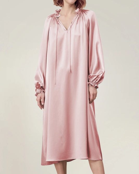 Silk Long Sleeve Nightgown with Ruffle Trim