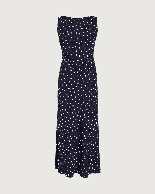 Polka Dot Silk Bias Cut Midi Dress with Cowl Back