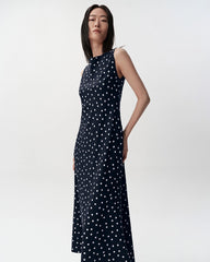 Polka Dot Silk Bias Cut Midi Dress with Cowl Back