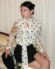 Polka Dot Tie Front Silk Blouse, Cream and Black