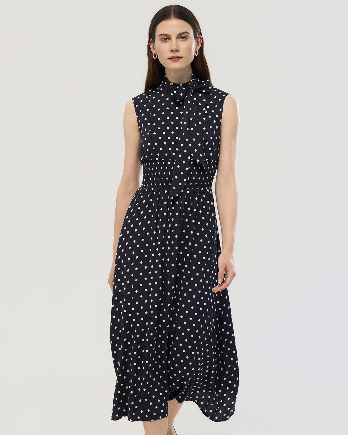 19 Momme Silk Polka Dot Mock Neck Midi Dress