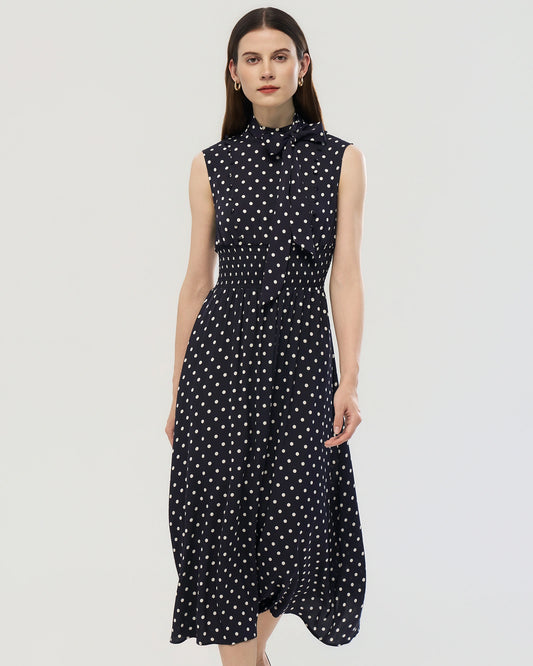 19 Momme Silk Polka Dot Mock Neck Midi Dress