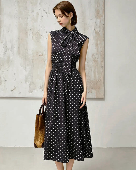 19 Momme Silk Polka Dot Mock Neck Midi Dress