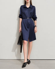 22 Momme Silk Belted Midi Dress Long Sleeve