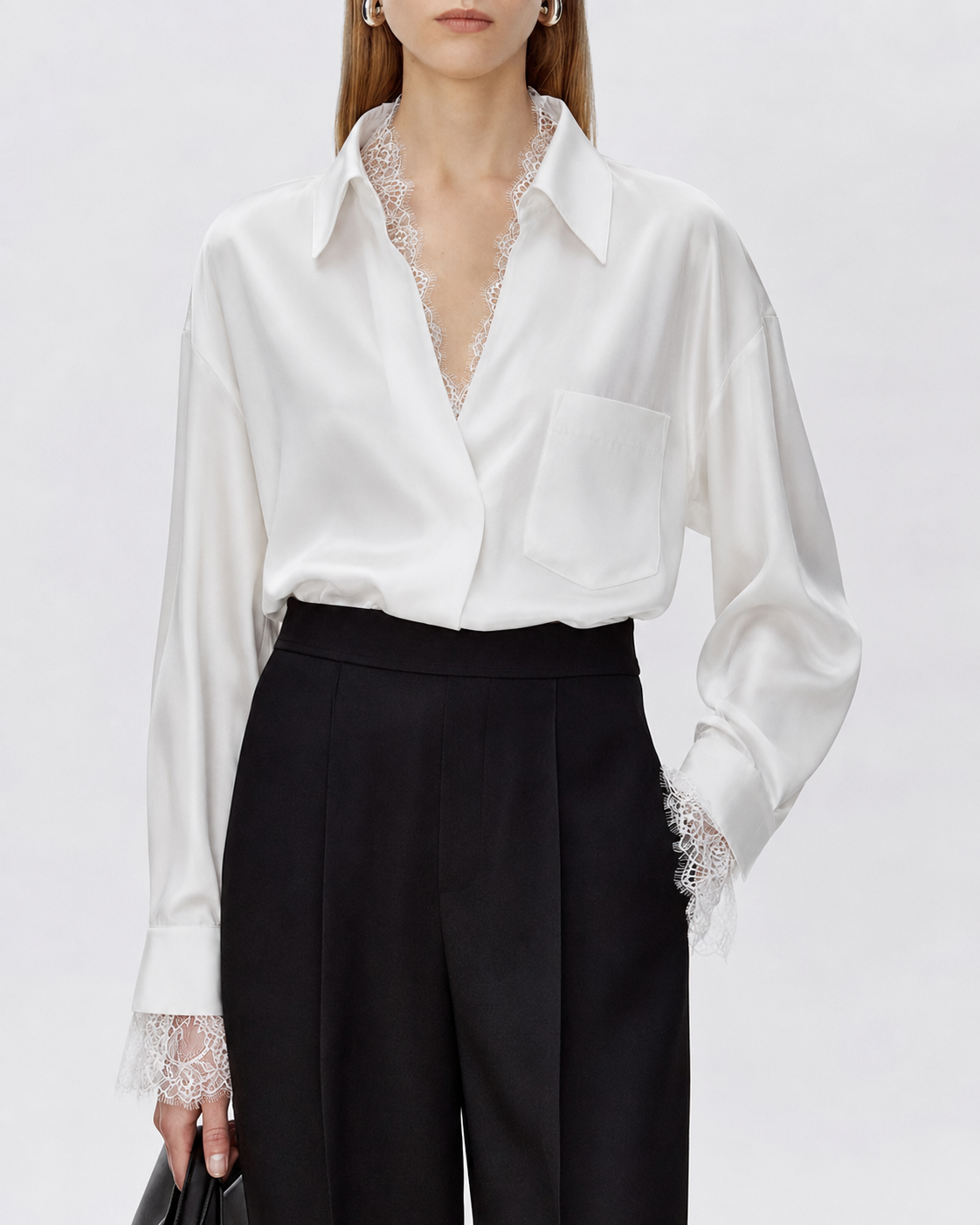 22 Momme Oversized Silk Lace Trim Shirt
