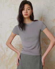 Women’s Fitted Silk Jersey Crew Neck, Grey