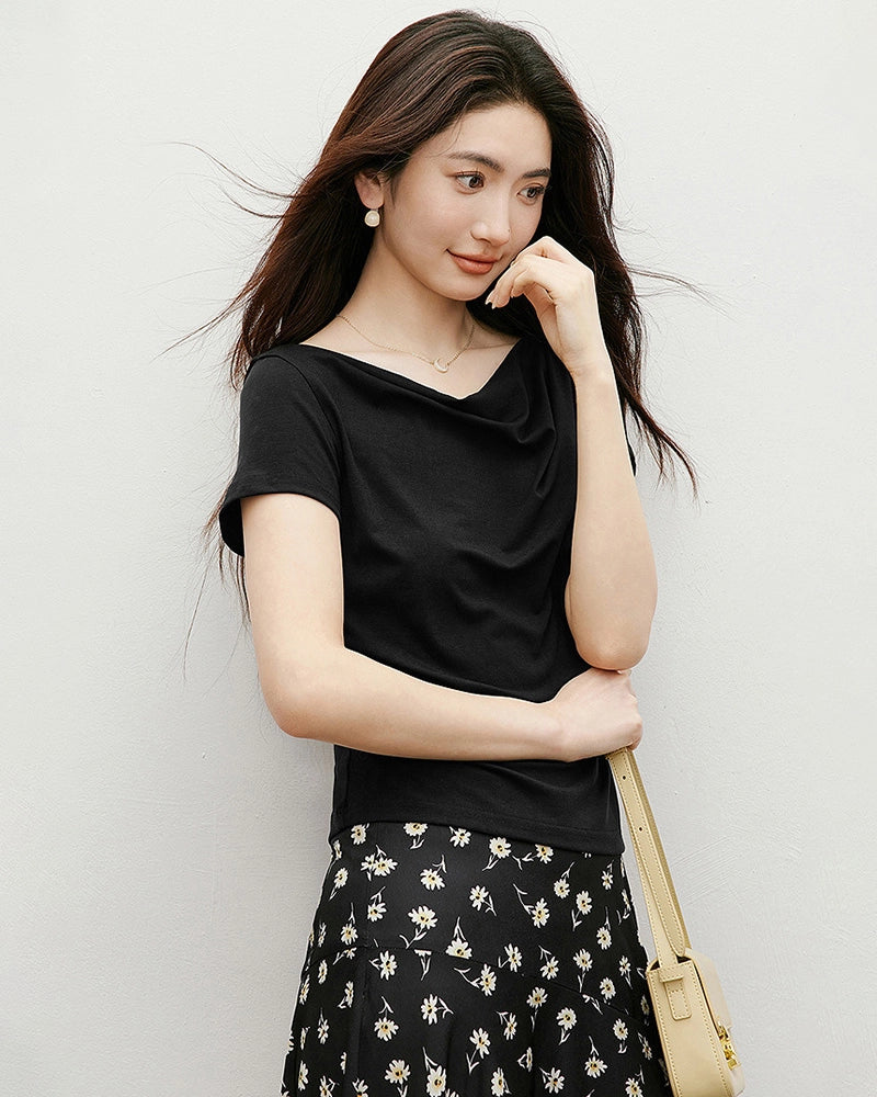 Women’s Silk Draped Neck Tee, Black