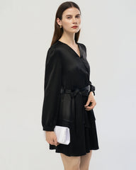 19 Momme Silk Wrap Dress A-Line Long Sleeve
