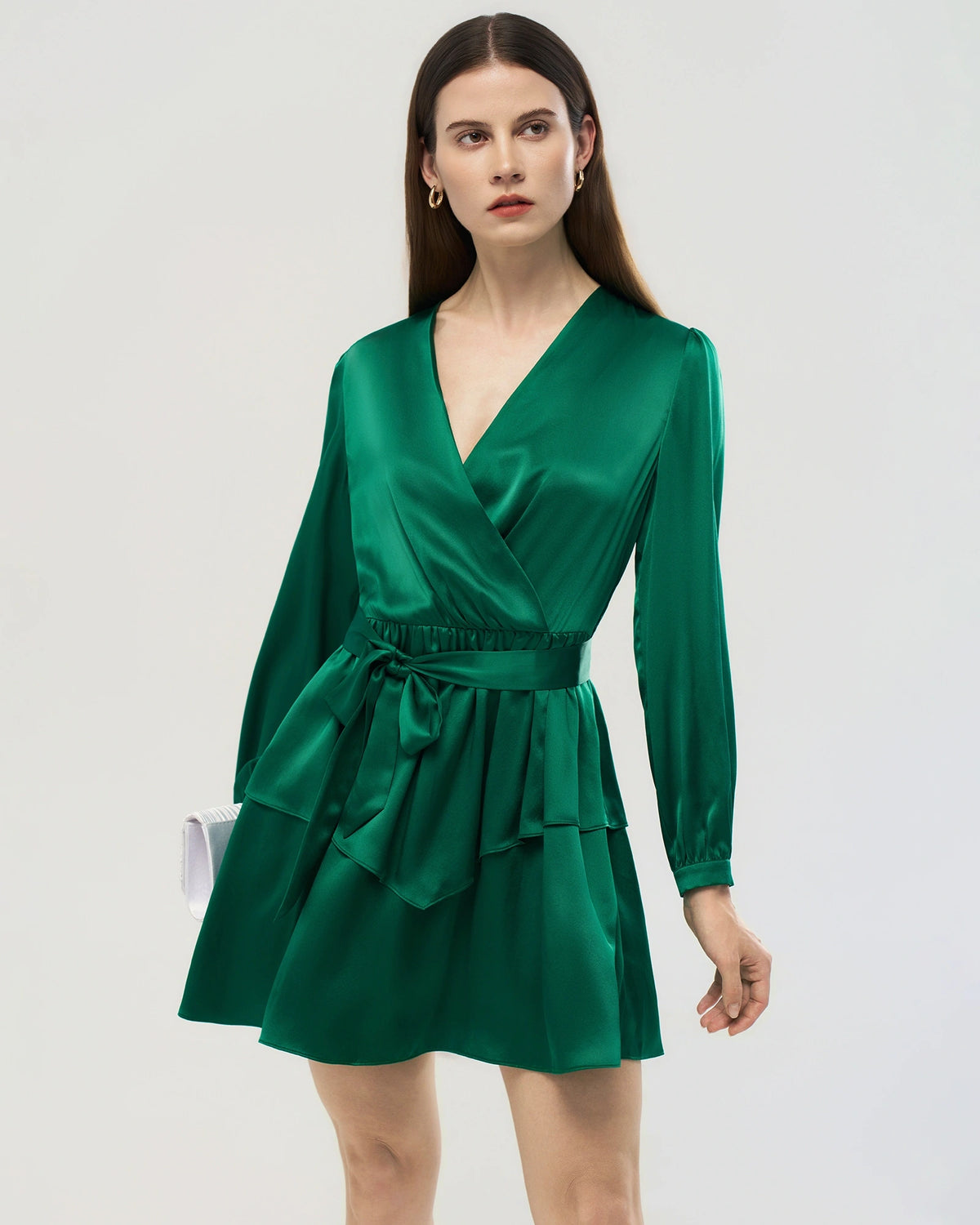 19 Momme Silk Wrap Dress A-Line Long Sleeve