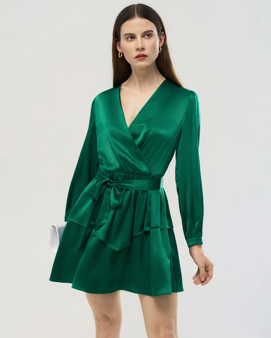 19 Momme Silk Wrap Dress A-Line Long Sleeve