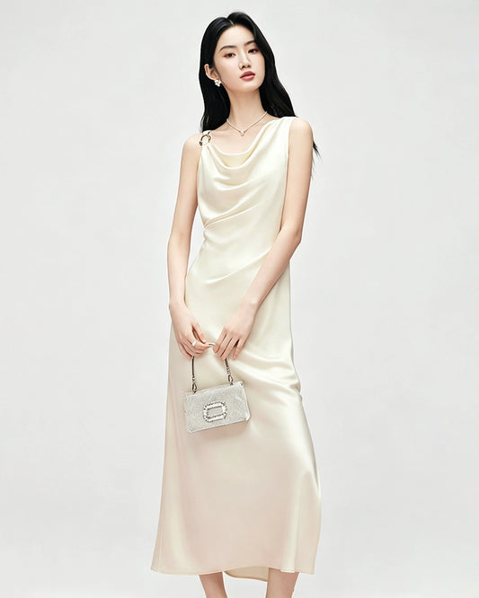 Triacetate Cowl Neck Gathered Waist Sleeveless Dress