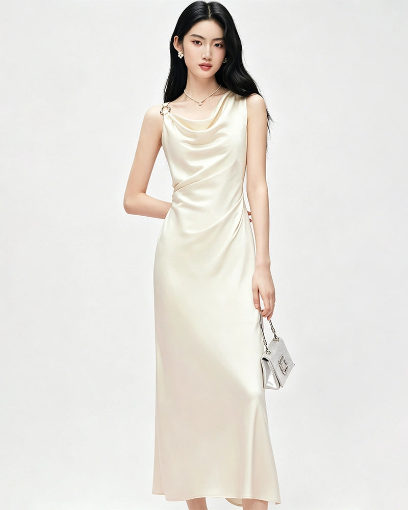 Triacetate Cowl Neck Gathered Waist Sleeveless Dress