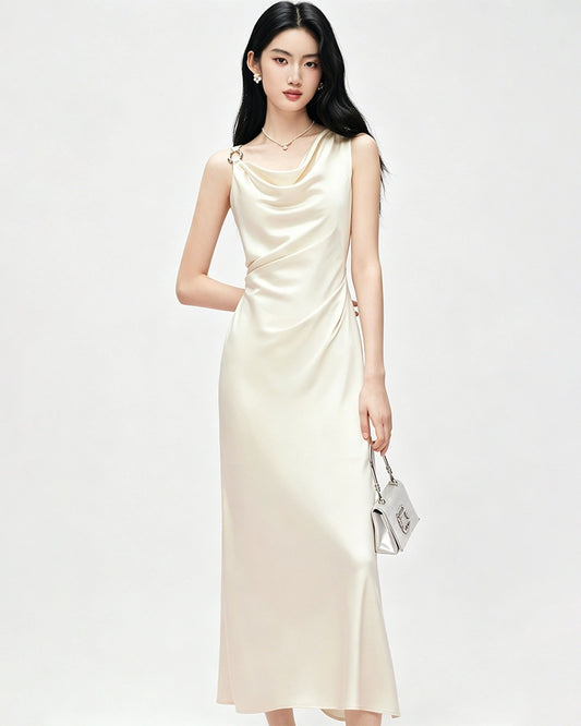 Triacetate Cowl Neck Gathered Waist Sleeveless Dress
