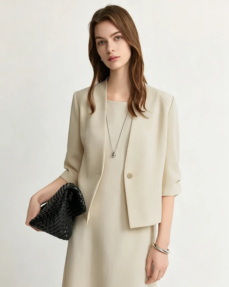 Triacetate V-Neck Cropped Blazer with Silk Lining