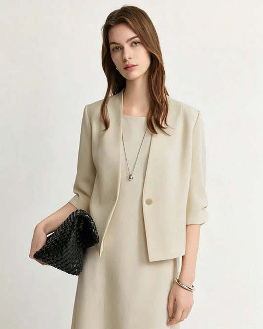Triacetate V-Neck Cropped Blazer with Silk Lining