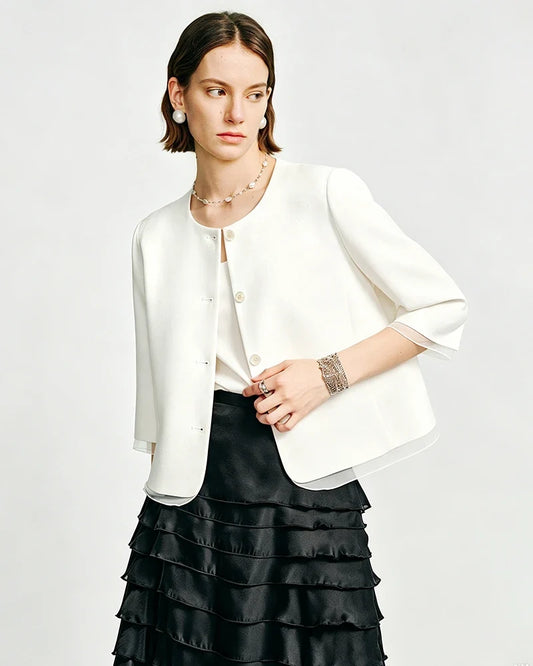 Triacetate Sheer Silk Trim Cropped Blazer