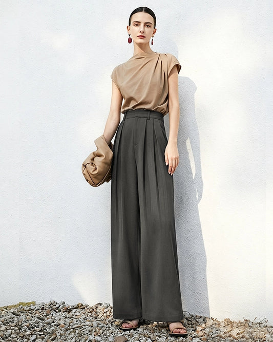 Triacetate High Waisted Pleated Straight Leg Trousers