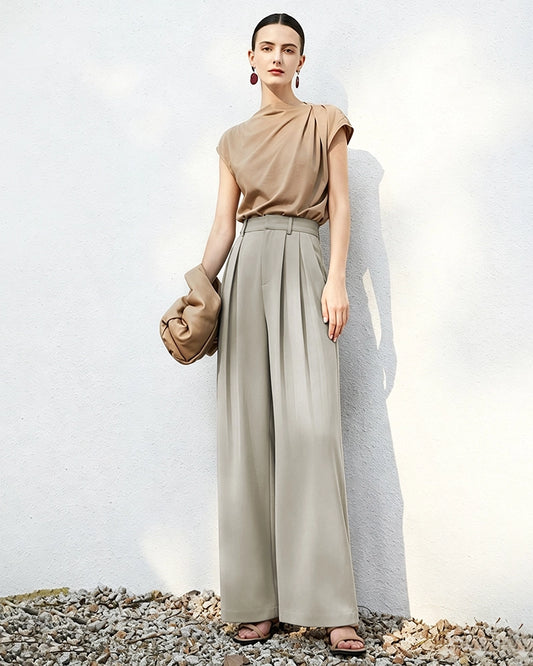 Triacetate High Waisted Pleated Straight Leg Trousers