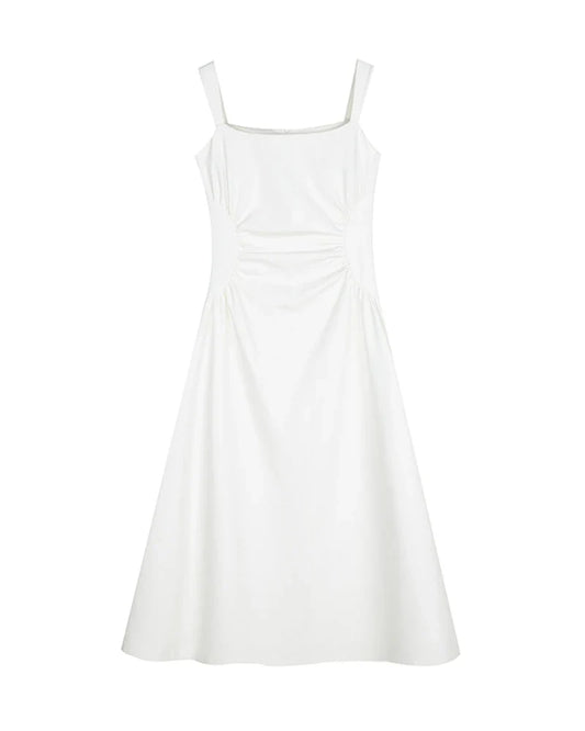 Triacetate Square Neck Pleated Waist Midi Dress