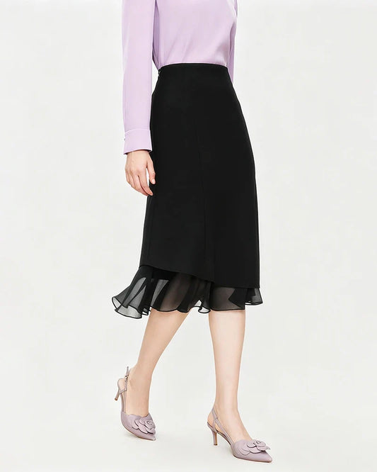 Triacetate Sheer Silk Ruffle Hem Midi Skirt