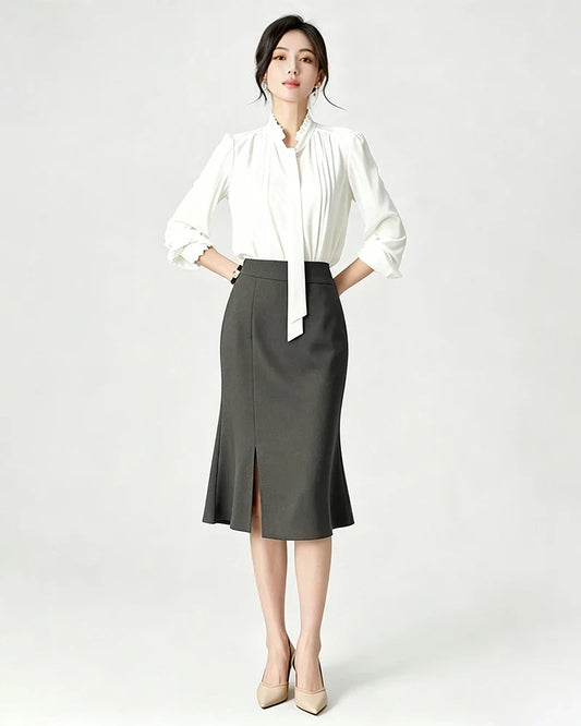 Triacetate High Waist Slit Hem Skirt