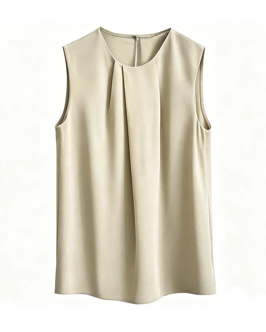 Triacetate Pleated Crew Neck Sleeveless Blouse